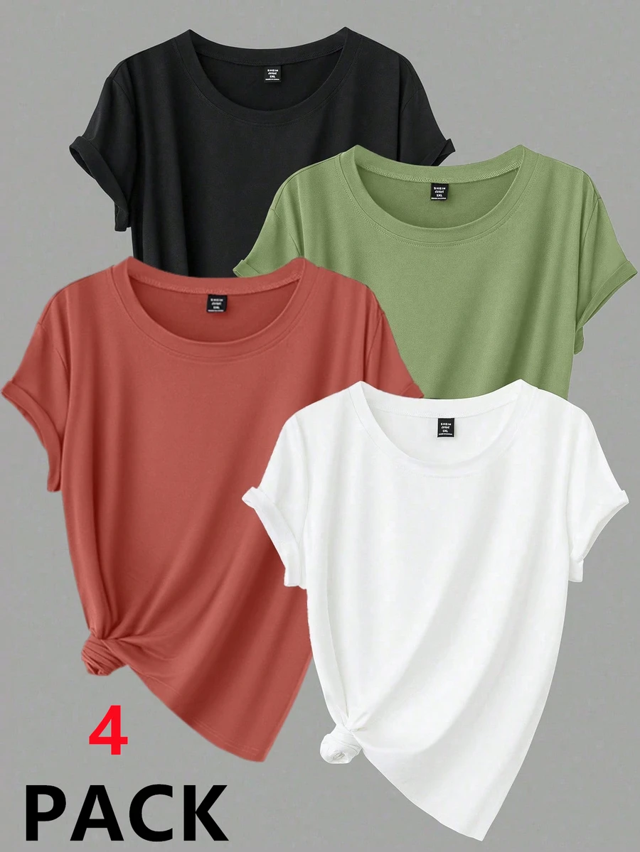 Calvaya Plus Size Solid Color Round Neck Short Sleeve Simple Casual Top - Multicolor - View 1
