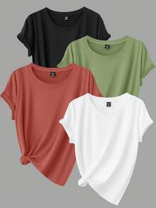 Calvaya Plus Size Solid Color Round Neck Short Sleeve Simple Casual Top - Multicolor - View 3