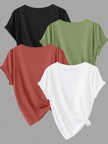 Calvaya Plus Size Solid Color Round Neck Short Sleeve Simple Casual Top - Multicolor - View 2