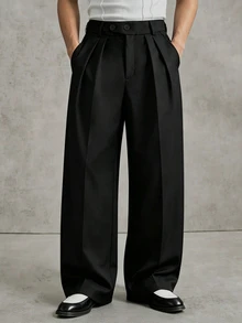PAVTROS Men's Solid Color Pleated Loose Casual Wide Leg Pants - Black - View 1