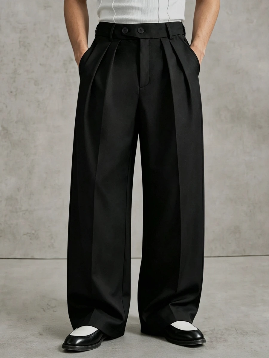 PAVTROS Men's Solid Color Pleated Loose Casual Wide Leg Pants - Black - View 1