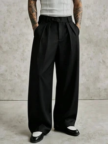 PAVTROS Men's Solid Color Pleated Loose Casual Wide Leg Pants - Black - View 3