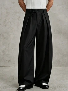 PAVTROS Men's Solid Color Pleated Loose Casual Wide Leg Pants - Black - View 6