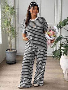 SHEIN EZwear 大尺碼夏季休閒條紋T恤與長褲2件套裝 - 黑與白 - 查看 6