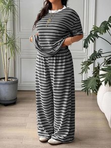 SHEIN EZwear 大尺碼夏季休閒條紋T恤與長褲2件套裝 - 黑與白 - 查看 3