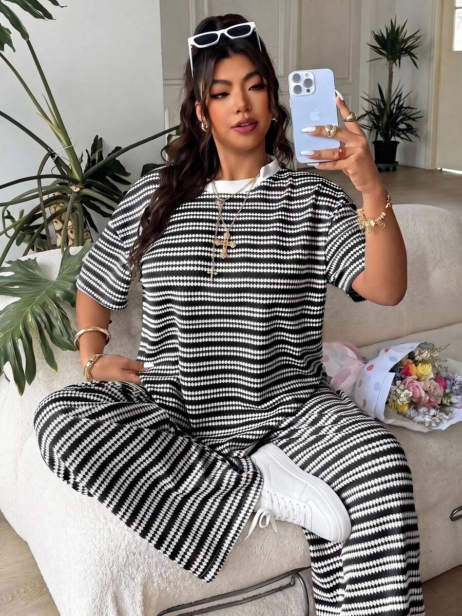 SHEIN EZwear Plus Size Summer Casual Striped T-Shirt And Long Pants 2 Pieces Set - Black and White - View 1
