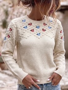 Sprig & Strand 花卉刺繡落肩泡泡針織毛衣 - 杏色 - 查看 1