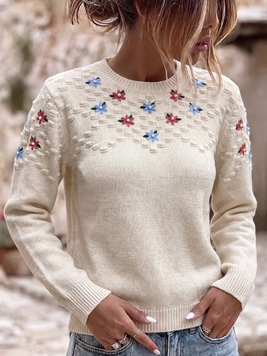 Sprig & Strand 花卉刺繡落肩泡泡針織毛衣 - 杏色 - 查看 1