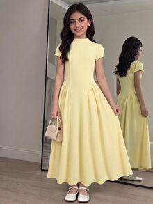 SHEIN Tween Girl Solid Yellow Textured Knit Elegant Waist Cinching Solid Yellow Color Tea Party Dress - Yellow - View 13