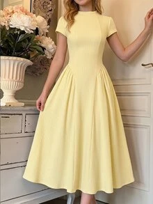 SHEIN Tween Girl Solid Yellow Textured Knit Elegant Waist Cinching Solid Yellow Color Tea Party Dress - Yellow - View 10