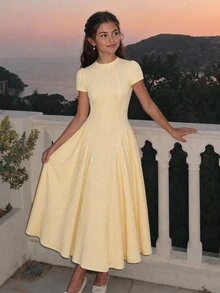 SHEIN Tween Girl Solid Yellow Textured Knit Elegant Waist Cinching Solid Yellow Color Tea Party Dress - Yellow - View 9