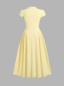 SHEIN Tween Girl Solid Yellow Textured Knit Elegant Waist Cinching Solid Yellow Color Tea Party Dress - Yellow - View 3