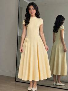 SHEIN Tween Girl Solid Yellow Textured Knit Elegant Waist Cinching Solid Yellow Color Tea Party Dress - Yellow - View 11
