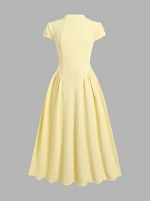 SHEIN Tween Girl Solid Yellow Textured Knit Elegant Waist Cinching Solid Yellow Color Tea Party Dress - Yellow - View 2