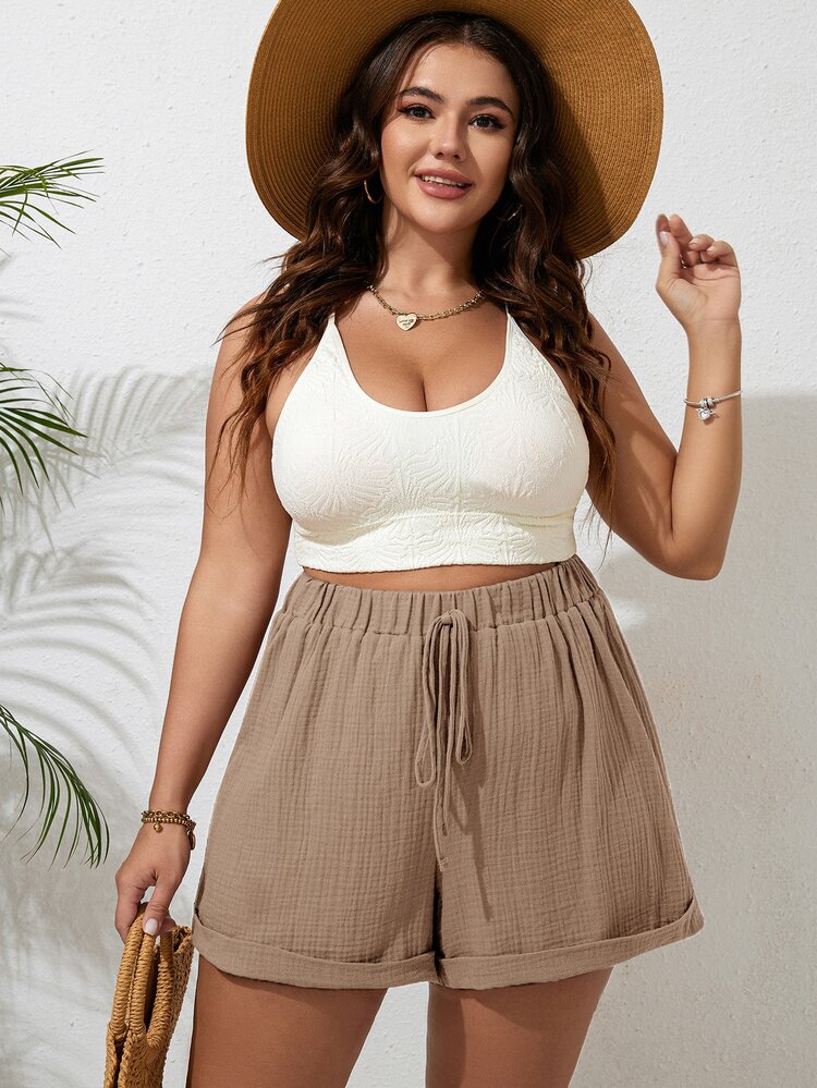 SHEIN VCAY Plus Size Women Solid Color Waist Tie Loose Casual Shorts - Camel - View 3