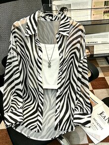 Plus Size Casual Zebra Print Semi-Sheer Shirt - Multicolor - View 1