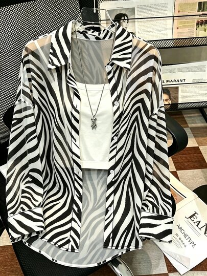 Resyla Camisa casual de talla grande con estampado de cebra semitransparente