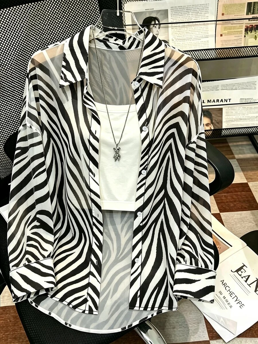 Plus Size Casual Zebra Print Semi-Sheer Shirt - Multicolor - View 1