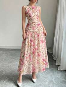 Modelyn Hibiscus Leopard Print French Style Dress, Low Neckline Sleeveless Cinched Waist Long Ruched Design, Summer Vacation Daily Wear Brunch - Multicolor - View 4
