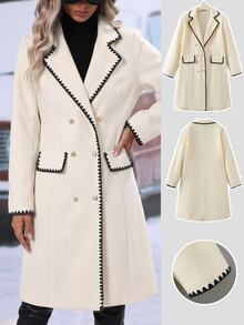 SHEIN Teen Girls' Casual Colorblock Shell Knitted Blend Collar Double Breasted Coat, Long Sleeve, Fleece, Fall Clothes, Fall/Winter - Beige - View 2
