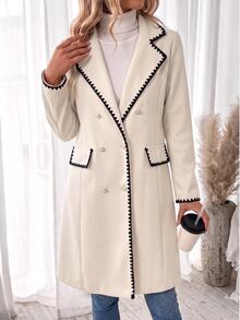 SHEIN Teen Girls' Casual Colorblock Shell Knitted Blend Collar Double Breasted Coat, Long Sleeve, Fleece, Fall Clothes, Fall/Winter - Beige - View 8