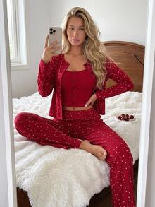 Livesso Summer Autumn Winter Red Holiday Atmosphere Sweet 3-Piece Ditsy Floral Women's Pajama Set - Red - View 8