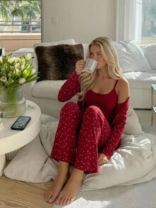 Livesso Summer Autumn Winter Red Holiday Atmosphere Sweet 3-Piece Ditsy Floral Women's Pajama Set - Red - View 9