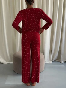 Livesso Summer Autumn Winter Red Holiday Atmosphere Sweet 3-Piece Ditsy Floral Women's Pajama Set - Red - View 2