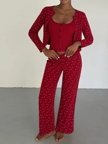 Livesso Summer Autumn Winter Red Holiday Atmosphere Sweet 3-Piece Ditsy Floral Women's Pajama Set - Red - View 6