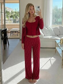 Livesso Summer Autumn Winter Red Holiday Atmosphere Sweet 3-Piece Ditsy Floral Women's Pajama Set - Red - View 7