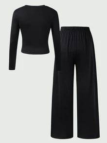 SHEIN 青少年女孩休閒舒適修身長袖T恤與舒適鬆緊腰寬腿寬鬆長褲2件套 - 黑色 - 查看 2
