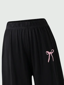 SHEIN 青少年女孩休閒舒適修身長袖T恤與舒適鬆緊腰寬腿寬鬆長褲2件套 - 黑色 - 查看 4