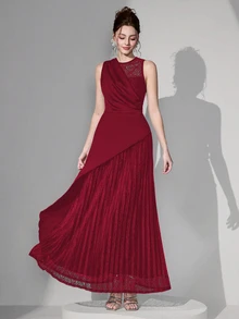 Poshira Women's Elegant Mixed Material Lace Panel Waist Formal Evening Gown, Party Dress, For Wedding Guest - Burgundy - View 3