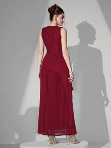 Poshira Women's Elegant Mixed Material Lace Panel Waist Formal Evening Gown, Party Dress, For Wedding Guest - Burgundy - View 5