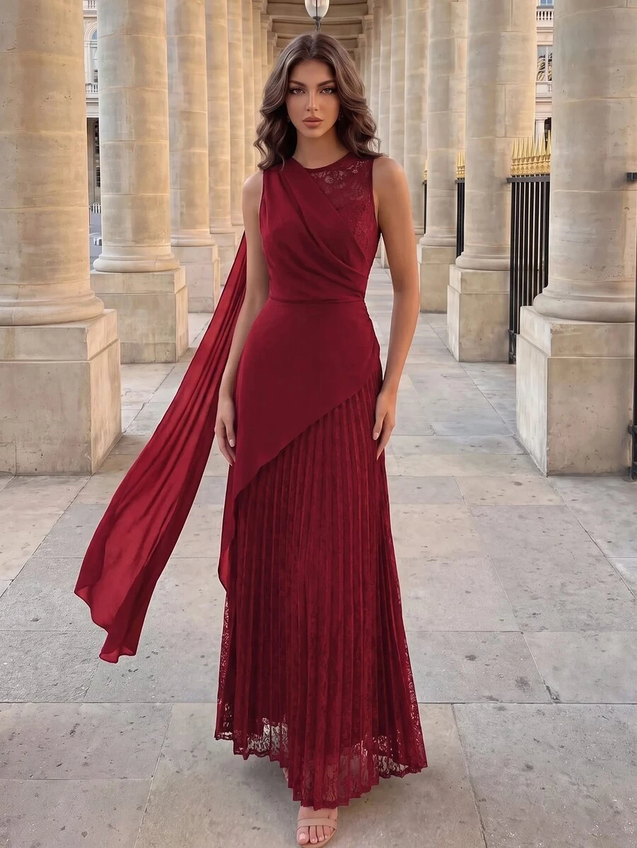 Poshira Women's Elegant Mixed Material Lace Panel Waist Formal Evening Gown, Party Dress, For Wedding Guest - Burgundy - View 1