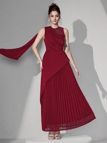 Poshira Women's Elegant Mixed Material Lace Panel Waist Formal Evening Gown, Party Dress, For Wedding Guest - Burgundy - View 2