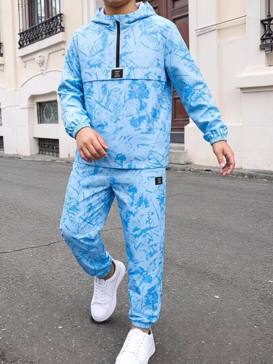 SHEIN 2件組兒童青少年男孩半拉鍊連帽外套與慢跑長褲套裝，適合秋冬、學校、家庭聚會、開學、運動、生日派對，秋季穿搭，冬季穿搭