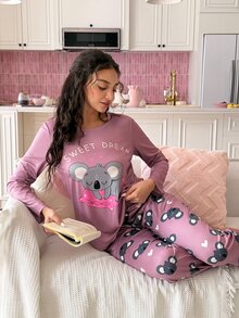 SweetSlumber Cute Koala Girl Autumn Long Sleeve Long Pants Women's Pajama Set - Dusty Pink - View 5