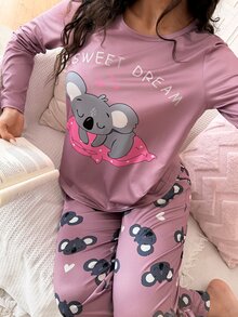 SweetSlumber Cute Koala Girl Autumn Long Sleeve Long Pants Women's Pajama Set - Dusty Pink - View 6