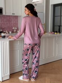 SweetSlumber Cute Koala Girl Autumn Long Sleeve Long Pants Women's Pajama Set - Dusty Pink - View 2