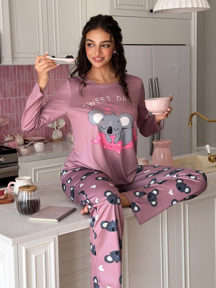 SweetSlumber Cute Koala Girl Autumn Long Sleeve Long Pants Women's Pajama Set - Dusty Pink - View 1