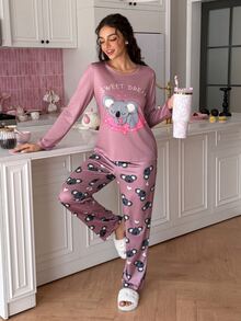 SweetSlumber Cute Koala Girl Autumn Long Sleeve Long Pants Women's Pajama Set - Dusty Pink - View 3