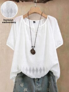 EMERY ROSE Plus Size Casual Traditional Greek Goddess Solid Color Hollow Embroidery Short Sleeve Shirt Vacation White Summer - White - View 1