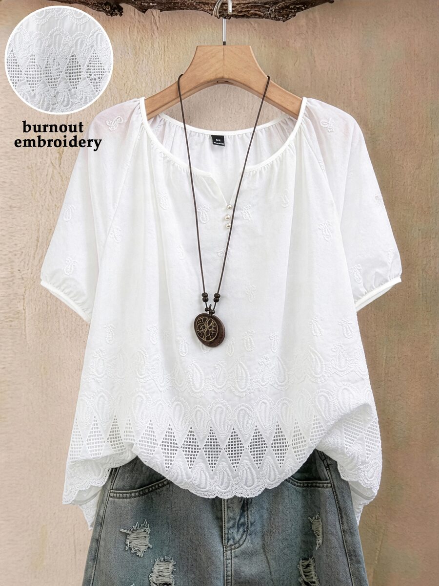 EMERY ROSE Plus Size Casual Traditional Greek Goddess Solid Color Hollow Embroidery Short Sleeve Shirt Vacation White Summer - White - View 1
