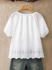 EMERY ROSE Plus Size Casual Traditional Greek Goddess Solid Color Hollow Embroidery Short Sleeve Shirt Vacation White Summer - White - View 2