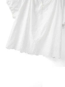EMERY ROSE Plus Size Casual Traditional Greek Goddess Solid Color Hollow Embroidery Short Sleeve Shirt Vacation White Summer - White - View 4
