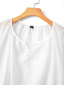 EMERY ROSE Plus Size Casual Traditional Greek Goddess Solid Color Hollow Embroidery Short Sleeve Shirt Vacation White Summer - White - View 7