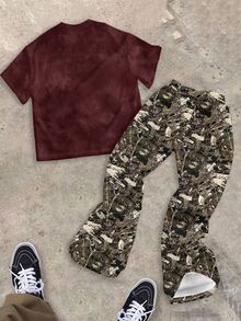 SHEIN 2件套男童休闲简约短袖喇叭裤针织套装，适合春夏穿着 - 彩色 - 查看 2