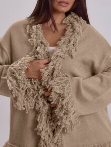 MUSERA Plus Size Beige Frill Fur Detail Cardigan Winter Fall Womens Outfit Casual - Grey - View 5