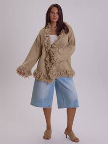 MUSERA Plus Size Beige Frill Fur Detail Cardigan Winter Fall Womens Outfit Casual - Grey - View 2
